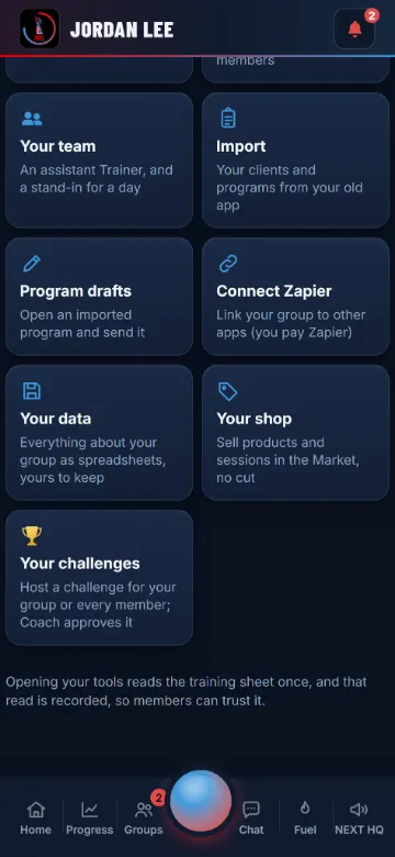 A Trainer's Coaching tools, with the Your shop tile among the tools