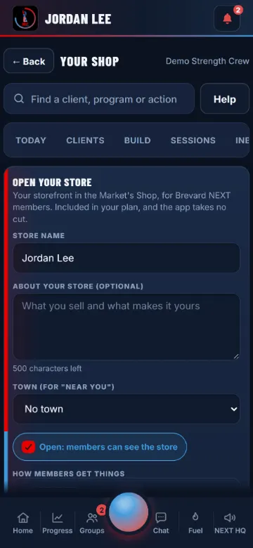 The Open your store form: name, about, town and Open