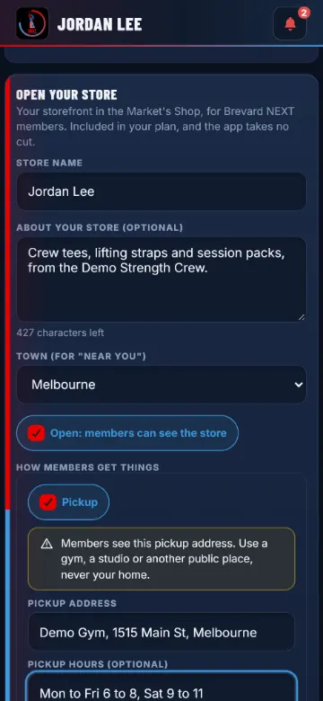The ways members get things: Pickup, Local delivery and Shipping, with their fields