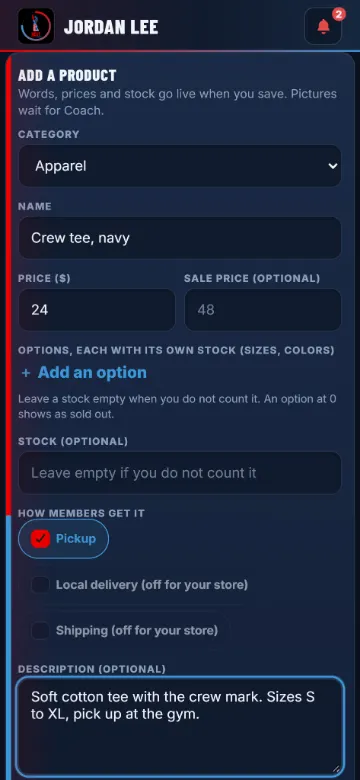 The product form: title, category, price, sale, options and stock