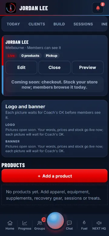 Your store's card with its logo and banner places, each waiting for Coach's OK