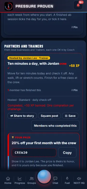 The finish card with the prize, the code and the host's buttons